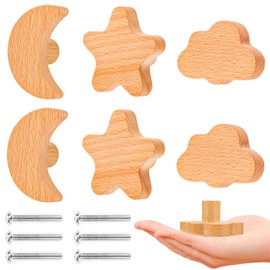 AKONE Wooden Cabinet Knobs, Pack of 6 Furniture Knobs, Children, Stars, Moon, Clouds, Wooden Knobs, Knob for Cupboard, Drawer Knobs, Natural Decoration, Furniture Knob for Chest of Drawers, Children's