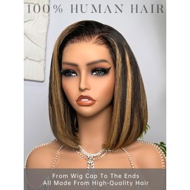 MEGALOOK 12A Bob Wig Wear and Go Glueless Balayage Bob Wig Human Hair Highlight Bob Wig Pre Cut 6x5 HD Closure Pre Plucked Straight Short Bob Wigs Bleached Tiny Knots 10 Inch 1B/27