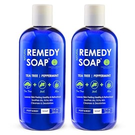 Truremedy Naturals Remedy Soap Pack de 2, ayuda a lavar el olor corporal lejano, calmar el pie del atleta, gusano de anillo, picazón de caldo, infecciones de levadura e irritaciones de la piel. 100% natural con aceite de árbol de té, menta y aloe 12 oz