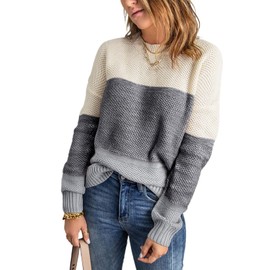 Dokotoo Sweater Women Ladies Cute Elegant Soft Thick Crewneck Color Block Chunky Autumn Winter Fall Cozy Long Sleeve Cable Knit Pullovers Sweaters for Women Gray X-Large
