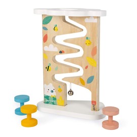 Janod Pure 4 pc Wooden Pastel Bee & Bear Ball Track with Cherry Wood Rollers & Bell Ages 12+ Months, one Color (J05153)