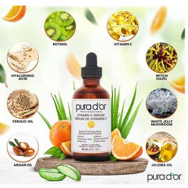 Pura d'or PURA D'OR Vitamin C Serum 4 Oz (118 ml) Lightweight Maximum Strength Formula, Hyaluronic Acid, Retinol, for Face & Eyes, For Men & Women