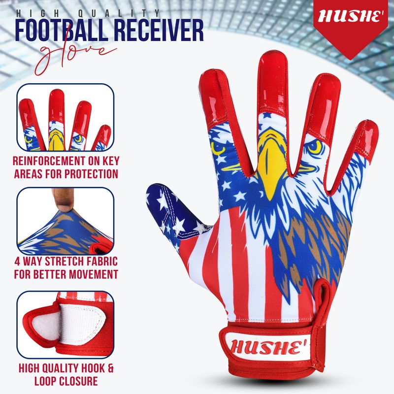 Hushe' Football Gloves (Blue Red Eagle, Youth Medium)