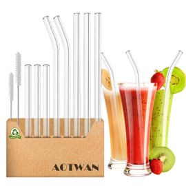 AOTWAN 10 Pack Reusable Glass Straws, Size 8.5''x10MM, 8.5''x8MM and 6''x10MM, Shatter Resistant, Includes 6 Straight and 2 Bent with 2 Brushes, Perfect for Cocktails