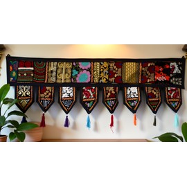 CRAFT KALA Indian Vintage Patchwork Door Cotton Bohemian Ethnic Topper Valances Window Valances Wall Hanging Boho Home Decor Hand Embroidered Toran Hippie Living Room Decor (Black, 1 Meter)