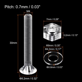 sourcing map M4 x 30mm Plastic Phillips Machine Screws with Nuts and Flat Washers, PC Flat Head Machine Bolts Transparent 20 Sets