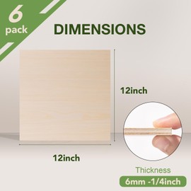Rowood 6 Pack Maple Plywood 1/4,12x12x1/4inch,6mm Wood Sheets Thin Unfinished Maple Plywood for Laser Cutting and Engraving,DIY Adult Craft Project Kits for Ornaments, Models Drawing,Wood Burning