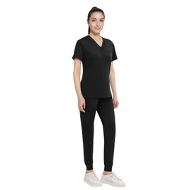 Anwrtuk Scrubs for Women Set, Medical Uniform Stretch V-Neck Collar Scrub Top & Jogger Pant with Waistband, Multi Pocket (Black, L)