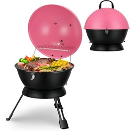 14inch Portable Barbecue Grill with Warming Rack Dual Venting System Small Charcoal Grill for Backyard, Camping, Boat (Pink)