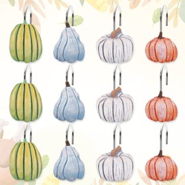 JarThenaAMCS 12 Pcs Fall Pumpkin Shower Curtain Hooks 4 Designs Curtain Hanger Hooks Autumn Thanksgiving Shower Rod Rings for Living Room Bedroom Bathroom Decor
