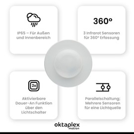 Oktaplex Pia Presence Detector Outdoor and Indoor 360° Infrared Motion Sensor IP65 230V Surface-Mounted Presence Switch White
