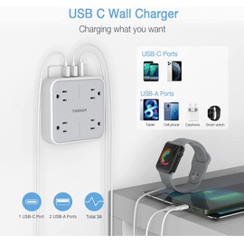USB C Wall Outlet Splitter, TESSAN 4 Multi Plug Outlet Extender with 3 USB Ports(1 USB C), Multiple Power Plug Expander Surge Protector, USB Charger Hub for Home Office Dorm Room Essentials