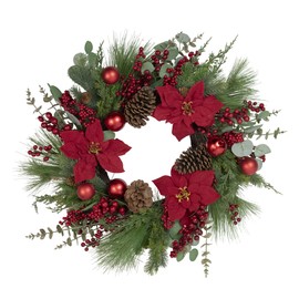 Artificial Red Berry and Poinsettia Christmas Wreath 28-Inch Unlit