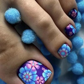 Blue Purple Flower Press on Toenails Matte Gradient False Toenails Short Square Toe Nails Full Cover Toe Nails for Women