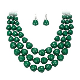 Ever Faith Multi Strand Necklace Earrings Set, Green Statement Beaded Chunky Collar Bib Necklace Jewelry Set for Women