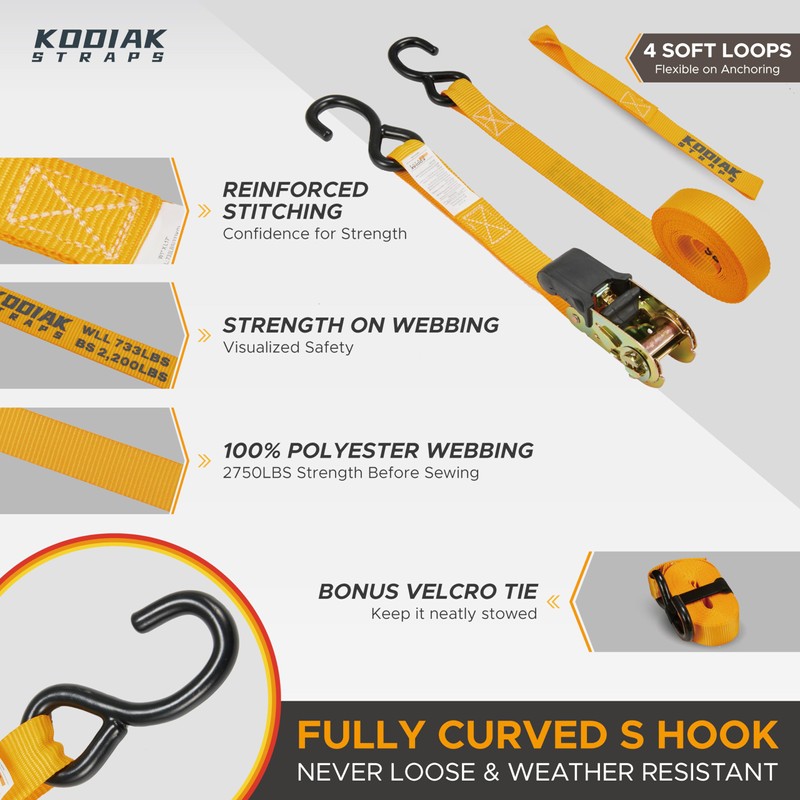 KODIAK STRAPS Ratchet Straps Heavy Duty Tie Down Strap Set