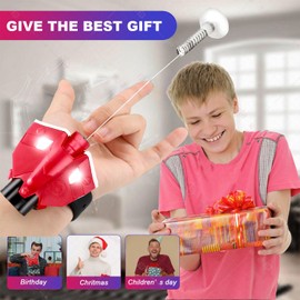 Spider Web Shooters Real Silk Launcher Wrist with Magnetic Sensor Light - Can Grab Objects, Realistic Cool Gadgets Stuff Fun Superhero Role-Play String Toys for Kids Boys Men Birthday Gifts (Red)