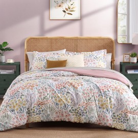 CASAAGUSTO King Comforter Set, 7 PCS Pinkish Floral Comforter Set with Flowers Leaves Pattern, Soft Seersucker Design All Season King Size Bedding Set(102"X90")