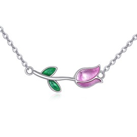 URONE Tulip Necklace for Women 925 Sterling Silver Tulip Flower Pendant Necklace Pink Tulip Jewellery Gifts for Women