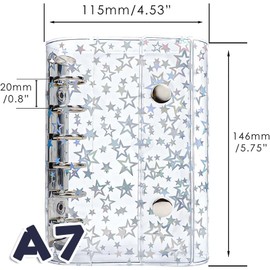 Clear Seal Binder for Girls, Clear Binder, Removable, A6, A7 Size, 20 Refills Included, 1 3D Sticker, Star Pattern Type, Double Snap Closure, Silver Metal Fittings, Refillable, Pushing Goods (A7)