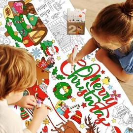 JUNQIU Christmas Coloring Tablecloth for Kids, 72 x 31Inches Giant Coloring Poster Banner - Christmas Crafts for Kids, Merry Christmas Paper Color Tablecloths - Christmas Activities for Kids