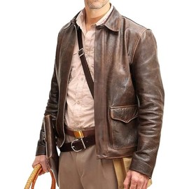 Indiana 1981 Movie Jones Jacket – Genuine Leather with Button-Zipper Closure Coat(Brown, Leather,S)