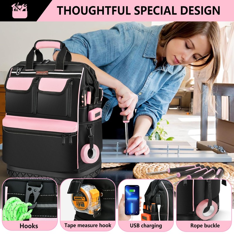 LOKASS Pink Tool Bag for Women, Wide-open Tool Backpack with