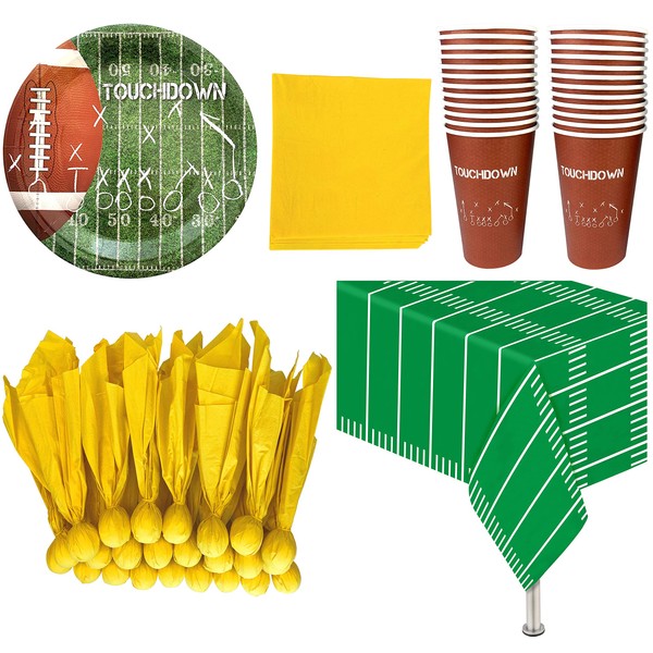 Island Genius Football Themed Party Supplies and Decorations - 24 Party Cups, 24 Paper Dinner Plates, 24 Penalty Flag Paper Napkins, 24 Yellow Paper Napkins, 1 Plastic Tablecloth