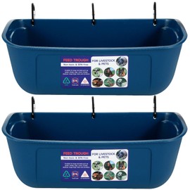 Goovilla Large Feed Trough, Hanging or Screw-in Fence Feeder with Clips, 2 Pack 9 Quart Goat Feeder Supplies, Dog Horse Hog Pig Livestock Poultry Plastic Feeder Trough Bucket for Large Animal, Blue