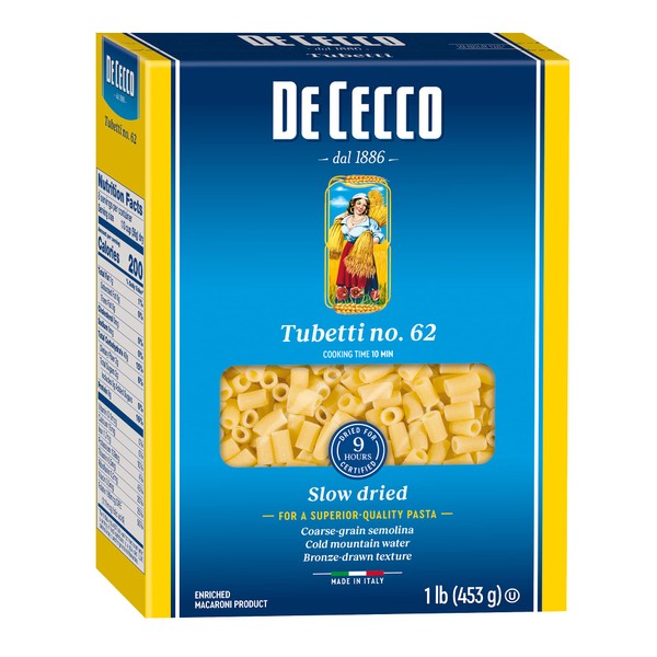 De Cecco Pasta, Tubetti No.62, Made in Italy, High in Proteing & Iron, Bronze Die, 16 Ounce (Pack of 5)