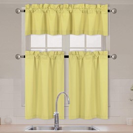 Home Collection 3 Pieces Solid Color Kitchen Curtain Set Tier and Valence with Rod Pocket Microfiber 100% Sunlight Blackout Drapes Window Treatment New (Yellow)
