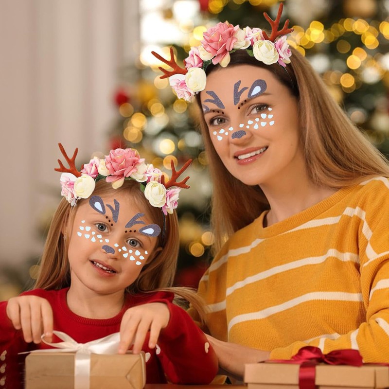 Antlers Headband,Christmas Deer Antlers Headband with Deer Face Stickers Reindeer