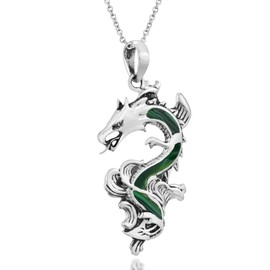 AeraVida Legendary Chinese Dragon Malachite Inlaid .925 Sterling Silver Pendant Necklace | Bold Malachite and Sterling Silver Dragon Necklace for Men and Women