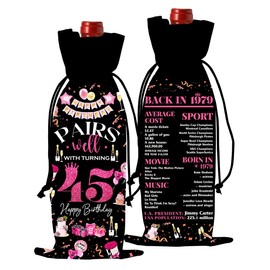 45th Birthday Gifts for Women Men Wine Bag, 45 Year Old Birthday Gifts for Men, Happy 45th Birthday Party Decorations for Women Men, Pairs Well with Turning 45 Wine Bottle Bags (Black Pink)