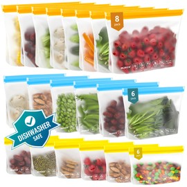 IDEATECH 20Pack Reusable Bags Dishwasher Safe, Leakproof Reusable Freezer Bags, BPA Free Healthy Food Storage Contaizers Sandwich Snack Baggies for Lunch Travel(8 Gallon 6 Quart 6 Snack,Colored)
