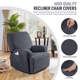 KinCam Recliner Covers, Stretch Reclining Chair Covers, Recliner Sofa Slipcovers Stripe Jacquard Recliner Couch Covers Furniture Protector Covers for Pet Kid (1 Seater, Charcoal Gray)