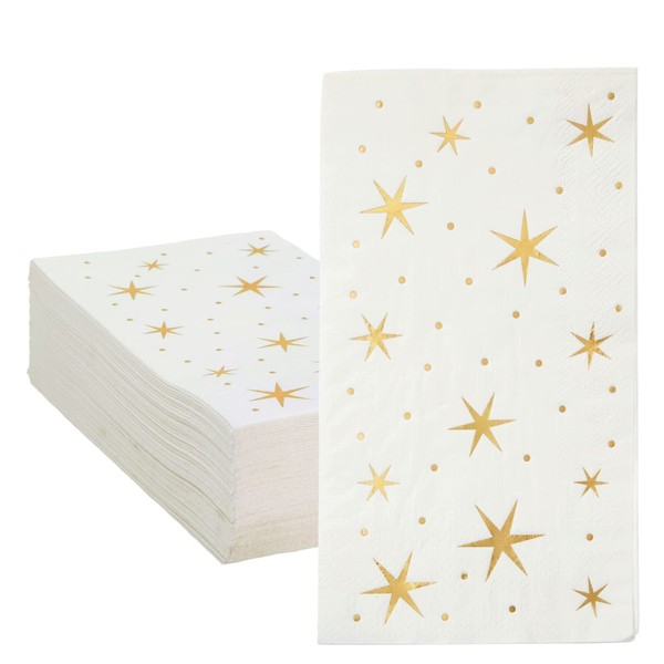 Paquete de 50 servilletas de cena doradas, toallas de papel desechables de 3 capas para bodas, cumpleaños, día festivo, diseño de estrellas, plegadas, 4 x 8 pulgadas