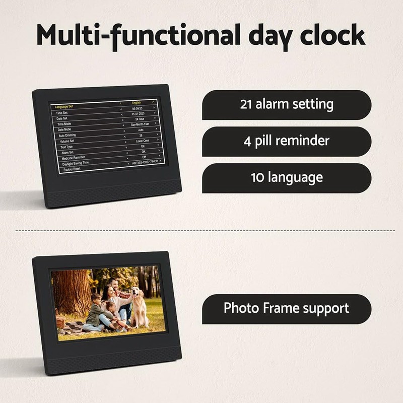 Artiss 7" Digital Day Clock Alarm Calendar Dementia Date Week
