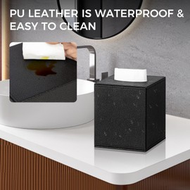 Tissue Box Cover Square, PU Leather Black Box Cover, Cube Tissue Box Holder Decorative for Bathroom Bedroom Office
