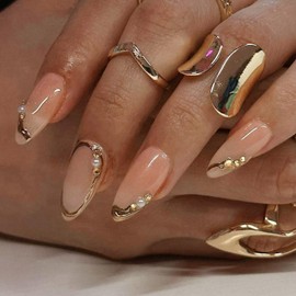 French Tip Press on Nails Medium Almond Fake Nails Gold Line Acrylic Nails Pearl Artificial Nails Press ons Gold Irregularity Glue on False Nails for Women 24Pcs