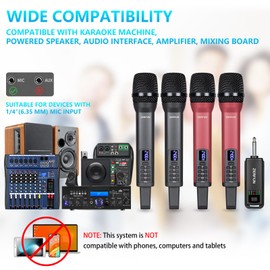 ZERFUN 4 Rechargeable Wireless Microphones, Pro Handheld Cordless Mics System with Echo Treble BASS VOL Control for Karaoke Singing Church Party, 1/4'' Output, Grey&Red