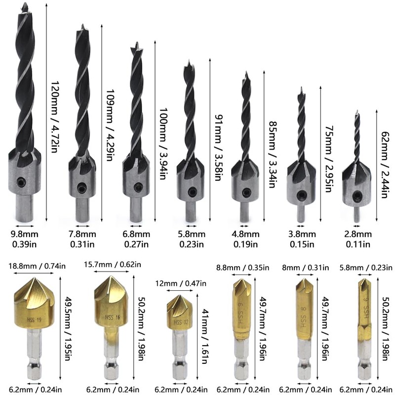 GYSRXS 23 Piece Countersink Drill Bit Set 6×Countersink 7×Trend Drill