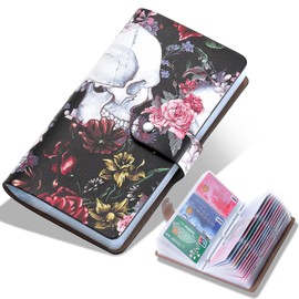 RFID Credit Card Holder, Leather Business Card Organizer with 96 Card Slots, Credit Card Case for Managing Your Different Cards and Important Documents to Prevent Loss or Damage (Skeleton Flower)