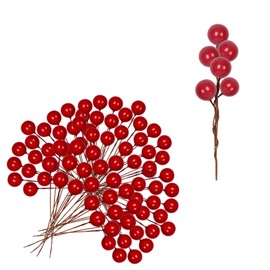 100pcs Christmas Artificial Red Mini Holly Berries,Artificial Red Berry Twig Stem Red Berry Fruits Picks Berry Winter Berries Bunch for Christmas Wreath Making Xmas Tree Decorations Supplies