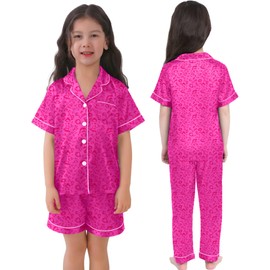 SWOMOG Kid's Silk Pyjamas 3 Piece Girls Boys Satin Pyjamas Set Button-Down PJs Sets Soft Lounge Sets Short Sleeve Sleepwear