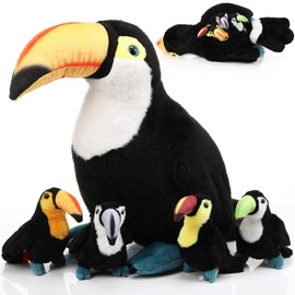 HyDren 5 Pcs Black Bird Plush Toy Set 14 Inch Large Realistic Mommy Bird Stuffed Animal with 4 Small Babies Plushies in Zippered Tummy for Holiday Birthday Party Favors Decor (Toucan)
