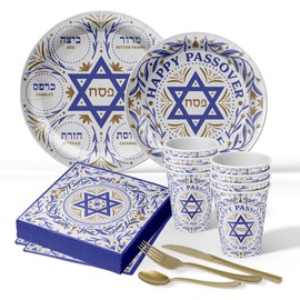 Generic Passover Decorations, Seder Plates for Passover, Happy Passover Seder Plates, Disposable Paper Plates, Napkins and Cups, Gold Plastic Knives Forks and Spoons, 112 Piece Set, 16 Guest