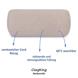 Neck Bolster Corduroy Cream / Beige Neck Pillow Oeko-Tex 100 Certified and Washable at 40°C - Neck Support Pillow with Cover Round for Car, Plane, Travel or for Reading and Relaxing at Home - 15 x 40