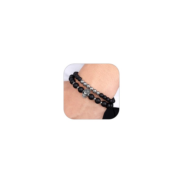 2PCS Skull Bracelet Black Heishi Obsidian Bracelets for Women Men