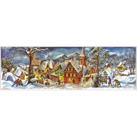 Nostalgischer Adventskalender/Weihnachtskalender mit Bildern und Glimmer "Kleines Dorf im Winter"